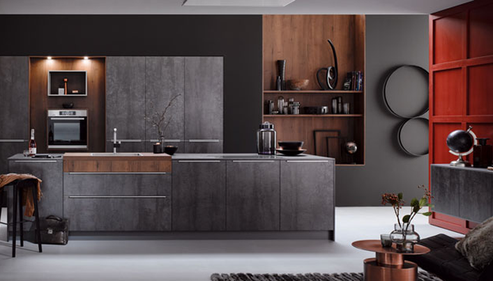 Donkere betonlook keuken | Satink Keukens Donkere marmere Satink keuken